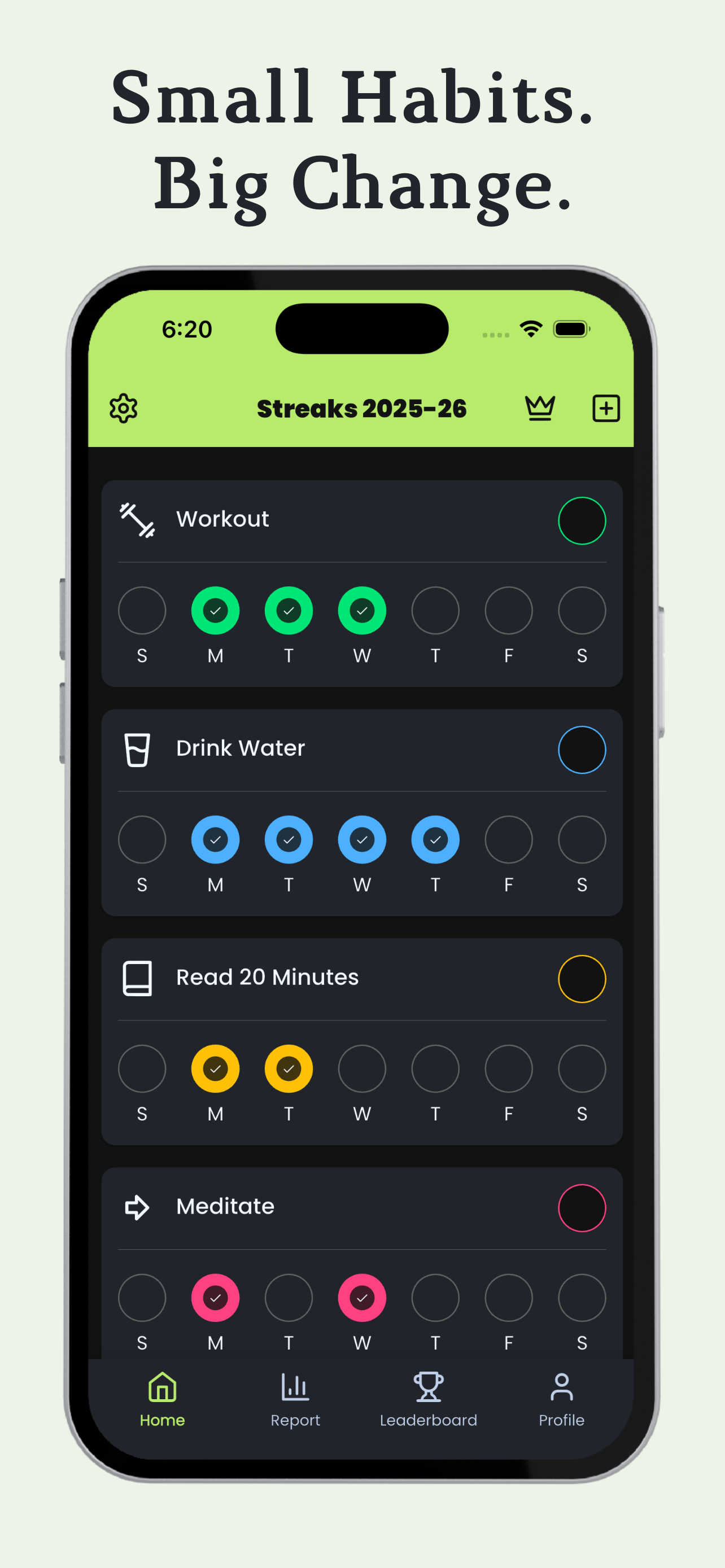 Streaks app — daily habit tracking dashboard